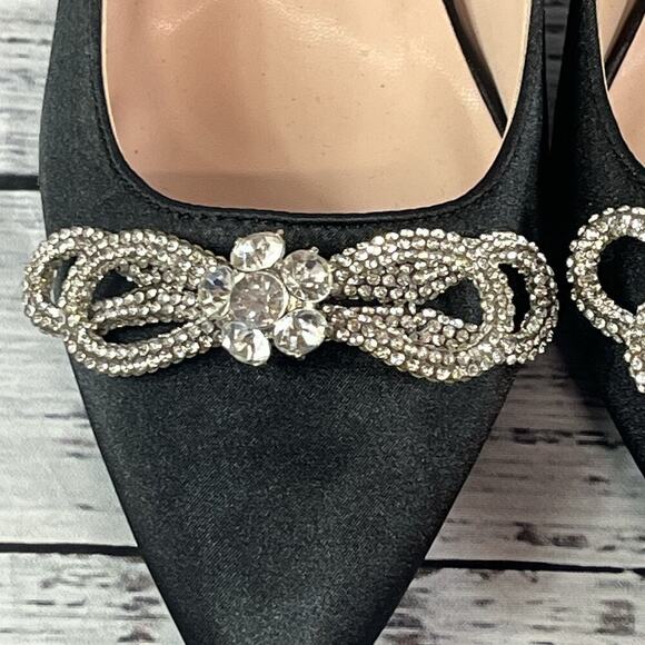 Yetier Heels Pumps Shoes size 10 Black Satin Faux Diamond Bow Cocktail Evening - Picture 3 of 12